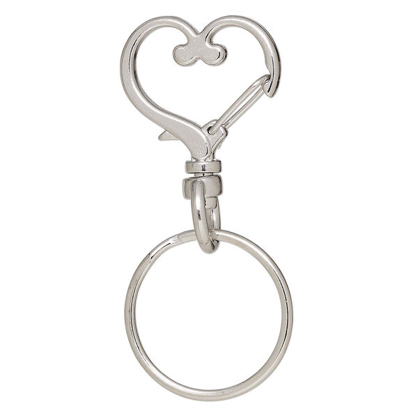 Key ring, imitation rhodium-finished brass and steel, 56x25.5mm overall with 24x21.5mm self-closing heart on a swivel and 25.5mm split ring. Sold per pkg of 5. image number 0