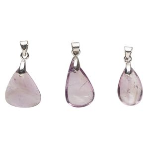 Amethyst / pewter (tin-based alloy) 1pkg3, imitation rhodium-finished teardrop freeform pendant natural 17x10mm-22x13mm