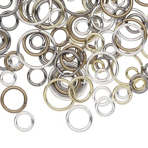 Jump ring mix, mix-plated brass / steel / aluminum / pewter (tin-based alloy), 2-18mm round and oval, 2.3-13.3mm inside diameter, 18-19 gauge. Sold per 10-gram pkg, approximately 100-130 jump rings.