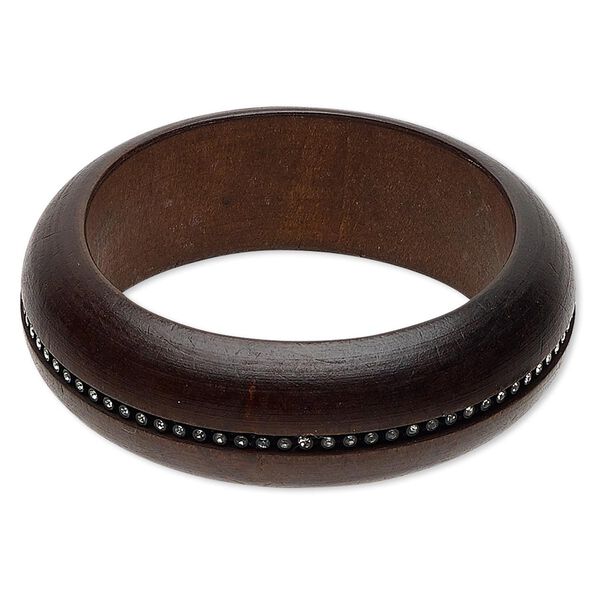Bracelet, bangle, stained wood and glass rhinestone, dark brown and clear, 26mm wide, 7-1/2 inches. Sold individually. image number 0