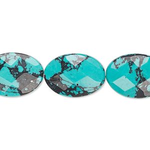 Bead, "turquoise" (resin) (imitation), blue and black, 18x13mm faceted flat oval with matrix. Sold per 8-inch strand, approximately 10 beads.