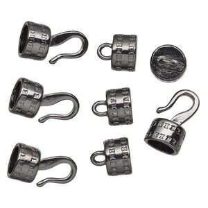 Clasp, hook-and-eye, gunmetal-finished "pewter" (zinc-based alloy), 34x13mm with glue-in ends, 10mm inside diameter. Sold per pkg of 4.