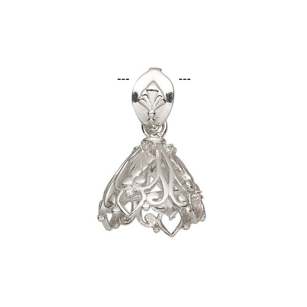 Bail, cubic zirconia and rhodium-plated sterling silver, clear, 15.5x13.5mm cone with inside cross bar and bail with fan design. Sold individually. image number 0