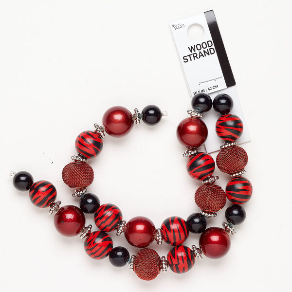 Bead 1pkg1 steel / wood / acrylic / glass, 12-17mm round / 9x5mm saucer, 15.5-16 inch assortment red / black / silver CCB image number 0