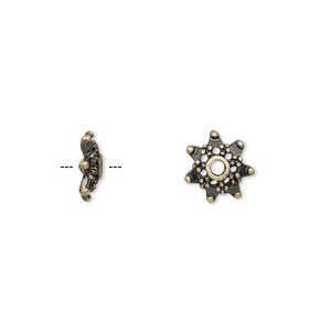 Bead cap, antique brass-finished "pewter" (zinc-based alloy), 10x3mm snowflake, fits 8-12mm bead. Sold per pkg of 24.