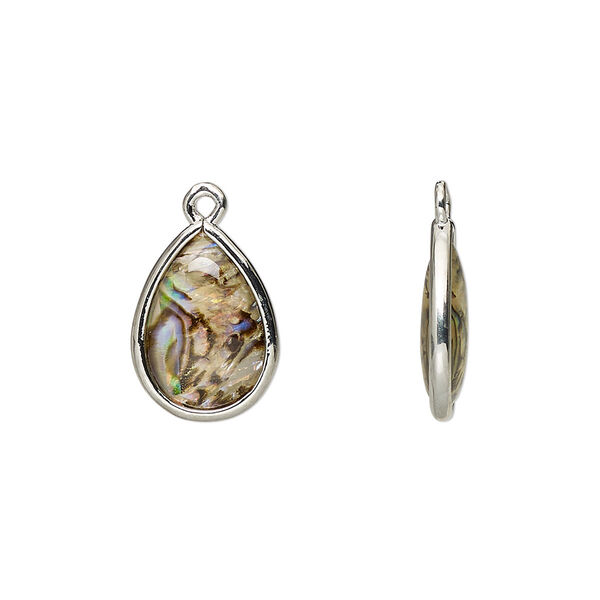 Drop, paua shell and imitation rhodium-finished brass (assembled), 14.5x10.5mm-15.5x11.5mm double-sided teardrop. Sold per pkg of 4. image number 0