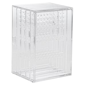 Display, earring, acrylic, clear, 9-1/2 x 6-3/4 x 5-1/2 inch box with side door and 4 slide-out panels. Sold individually.