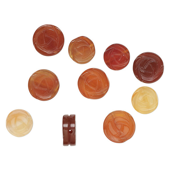 Bead, red agate (dyed/heated), 11-13mm carved flower, B grade, Mohs hardness 6-1/2 to 7. Sold per pkg of 10. image number 0