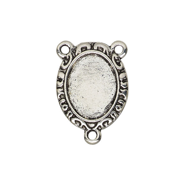 Connector, antique silver-finished "pewter" (zinc-based alloy), 21x17mm double-sided oval rosary with fancy design and 15.5x11.5mm non-calibrated oval cabochon glue-in setting. Sold per pkg of 4. image number 0