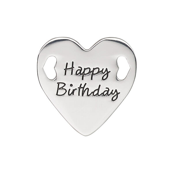 Link, antique silver-finished "pewter" (zinc-based alloy), 25.5mm single-sided flat heart with "Happy Birthday." Sold individually. image number 0