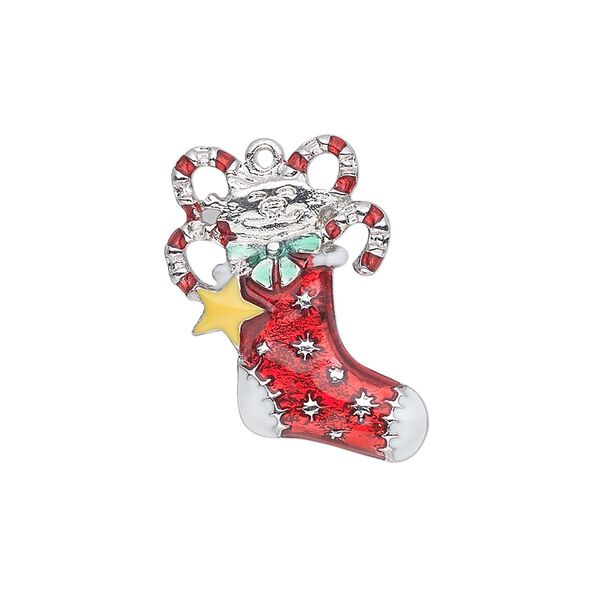 Charm, silver-plated "pewter" (zinc-based alloy) and enamel, red / white / yellow / green, 24x20mm single-sided stocking with cat, candy canes and star. Sold individually. image number 0