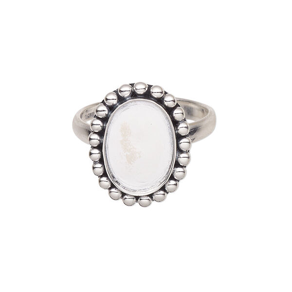 Ring, antiqued sterling silver, 3mm wide with beaded rim and 14x10mm oval glue-in setting, size 9. Sold individually. image number 0