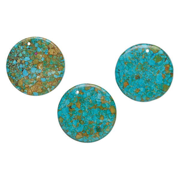 Focal, mosaic "turquoise" (magnesite) (dyed / assembled), blue / green / brown, 40mm top-drilled puffed flat round, C- grade, Mohs hardness 3-1/2 to 4. Sold per pkg of 3. image number 0
