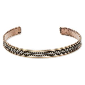 Bracelet, cuff, brass / copper / steel, 8mm wide with beaded design, adjustable from 7-1/2 to 8 inches. Sold individually.