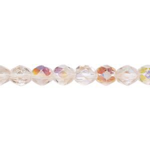 Bead, Czech fire-polished glass, two-tone, crystal/rose AB, 6mm faceted round. Sold per 15-1/2" to 16" strand.