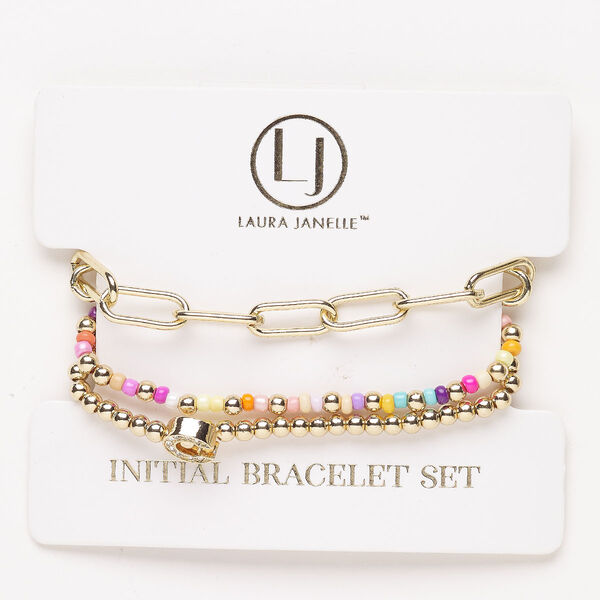 Bracelet assortment, steel / acrylic / elastic, pkg/3, 6-1/2 inches, gold finish and multicolored. image number 0