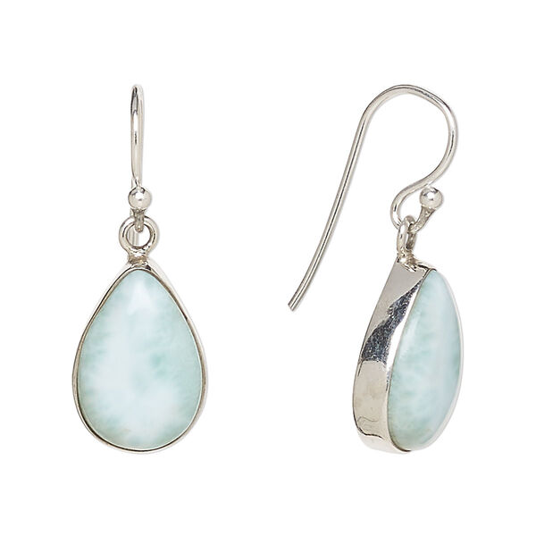 Earring, larimar (natural) and sterling silver, 32mm with teardrop and fishhook ear wire, 21 gauge. Sold per pair. image number 0