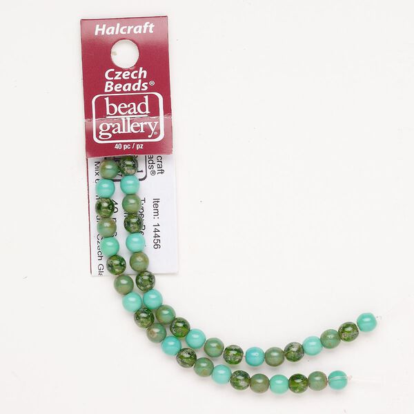 Bead glass 1pk 6mm round, opaque translucent aqua teal green travertine 8 inch image number 0