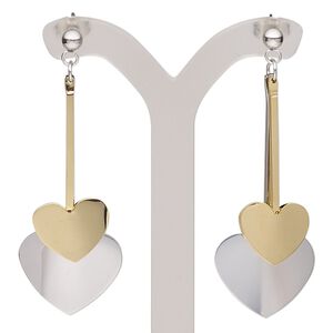 Earring, stainless steel and gold-finished stainless steel, 2 inches with heart and post. Sold per pair.