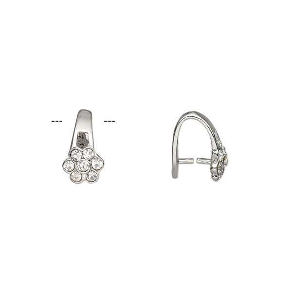 Bail, ice-pick, Egyptian glass rhinestone and imitation rhodium-plated brass, clear, 11x7mm flower, 7.5mm grip length. Sold per pkg of 6. image number 0