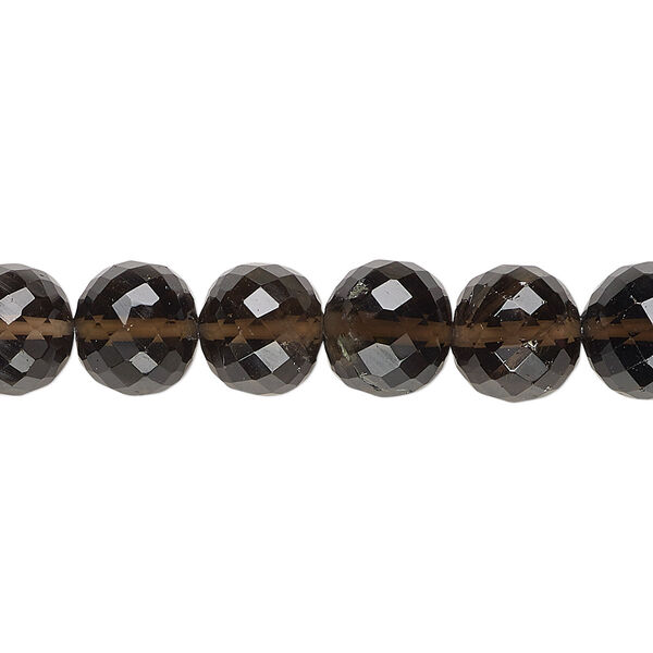 Bead, smoky quartz (heated / irradiated), medium to dark, 9-10mm hand-cut faceted round, B grade, Mohs hardness 7. Sold per 8-inch strand. image number 0