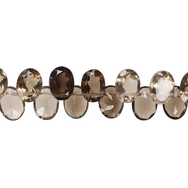 Bead, smoky quartz (heated / irradiated), light to medium, 7x6mm-8x6mm hand-cut top-drilled faceted puffed oval with flat side, B+ grade, Mohs hardness 7. Sold per 14-inch strand, approximately 95 beads. image number 0