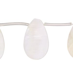 Bead, mother-of-pearl shell (bleached), white, 25x6mm-25x10mm top-drilled flat teardrop, Mohs hardness 3-1/2. Sold per 13-inch strand, approximately 15 beads.