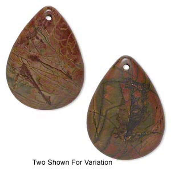 Focal, red creek jasper (stabilized), 48x36mm top-drilled teardrop with flat back, B grade, Mohs hardness 6-1/2 to 7. Sold individually. image number 0