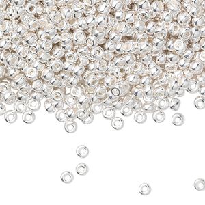 Seed bead, Miyuki, glass, pkg/50g, #8 rocaille, opaque silver-plated, (RR-961).