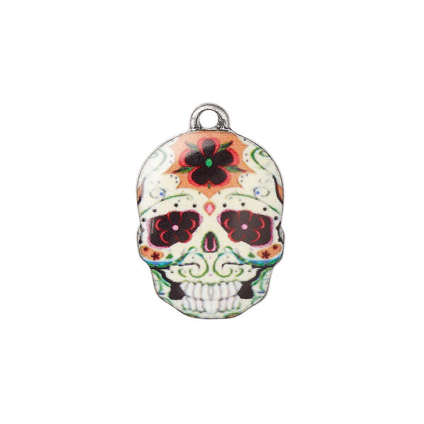 Charm, resin and antique silver-plated "pewter" (zinc-based alloy), multicolored, 19x14.5mm single-sided Dia de los Muertos skull with flower design. Sold individually. image number 0