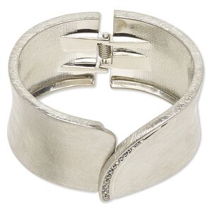 Bracelet, hinged bangle, glass rhinestone with imitation rhodium-plated steel and "pewter" (zinc-based alloy), clear, 37mm brushed oval, 6-1/2 inches. Sold individually.