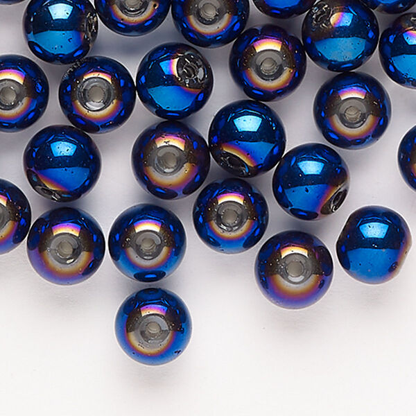 Bead 1pkg1 glass, 8mm round, 2 ounce opaque blue rainbow image number 0