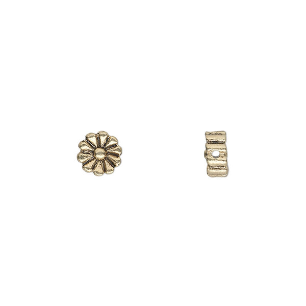 Bead, antique gold-finished "pewter" (zinc-based alloy), 6x6mm double-sided flat round daisy. Sold per pkg of 20. image number 0