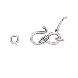 Clasp S-hook 1pkg1 sterling silver, 14.5x8.5mm / 4.5mm closed jump ring / safety latch, antiqued 1-strand
