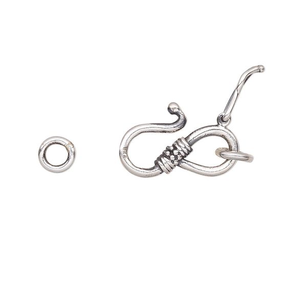 Clasp S-hook 1pkg1 sterling silver, 14.5x8.5mm / 4.5mm closed jump ring / safety latch, antiqued 1-strand image number 0
