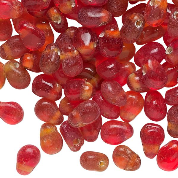 Bead, glass, translucent red-orange, 8x5mm-9x6mm top-drilled teardrop. Sold per 2-ounce pkg of approximately 200 beads. image number 0