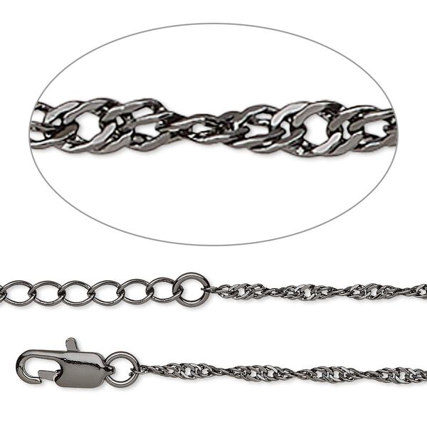 Chain, gunmetal-plated brass, 2mm Singapore, 7-1/2 inches with 1 to 3 inches extender chain and lobster claw clasp. Sold per pkg of 2. image number 0