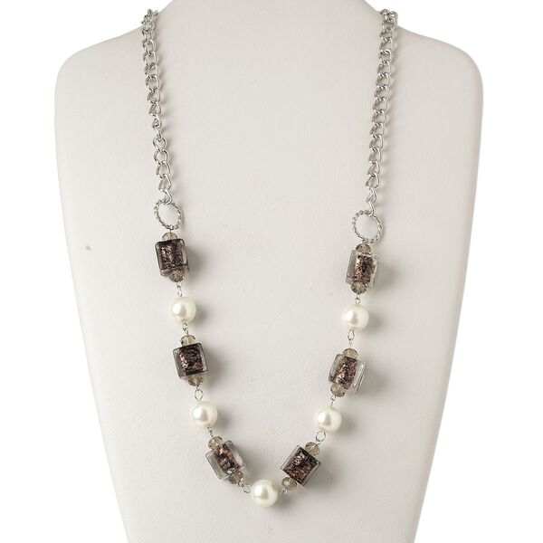 Necklace, lampworked glass / glass pearl / silver-finished steel / acrylic, white / clear / black with copper-colored glitter, 15x15mm square and 14mm round, 28-inch continuous loop. Sold individually. image number 0