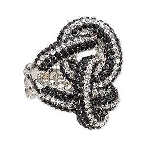 Ring, stretch, glass rhinestone and imitation rhodium-plated "pewter" (zinc-based alloy), clear and black, 33x26mm knot. Sold individually.
