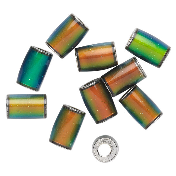 Bead, "mood" stone and imitation rhodium-plated brass, multicolored, 9x6mm-10x8mm round tube. Sold per pkg of 10. image number 0