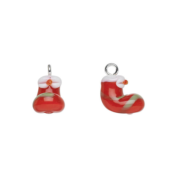 Drop, lampworked glass with silver-finished steel, red / white / green, 10x9mm stocking. Sold per pkg of 2. image number 0