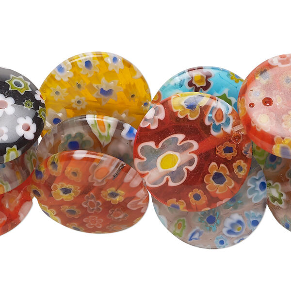 Bead, millefiori glass, opaque and translucent multicolored, 18mm puffed flat round. Sold per pkg of (3) 14-inch strands. image number 0