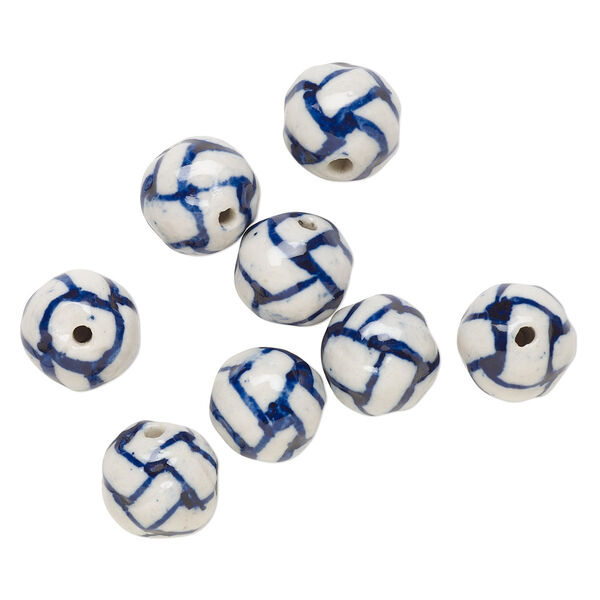 Bead, porcelain, blue and white, 14-15mm textured round with woven design. Sold per pkg of 8. image number 0
