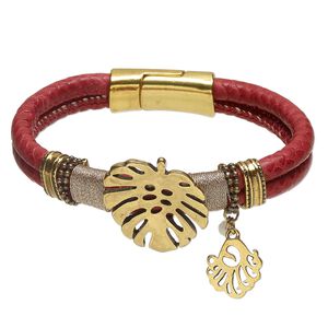Bracelet 1pkg1 faux leather / glass rhinestone / antique gold-finished brass and stainless steel, red and white, 28mm width with leaf and leaf charm, 6 inches with magnetic clasp.