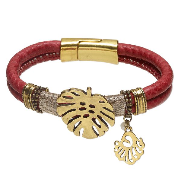 Bracelet 1pkg1 faux leather / glass rhinestone / antique gold-finished brass and stainless steel, red and white, 28mm width with leaf and leaf charm, 6 inches with magnetic clasp. image number 0