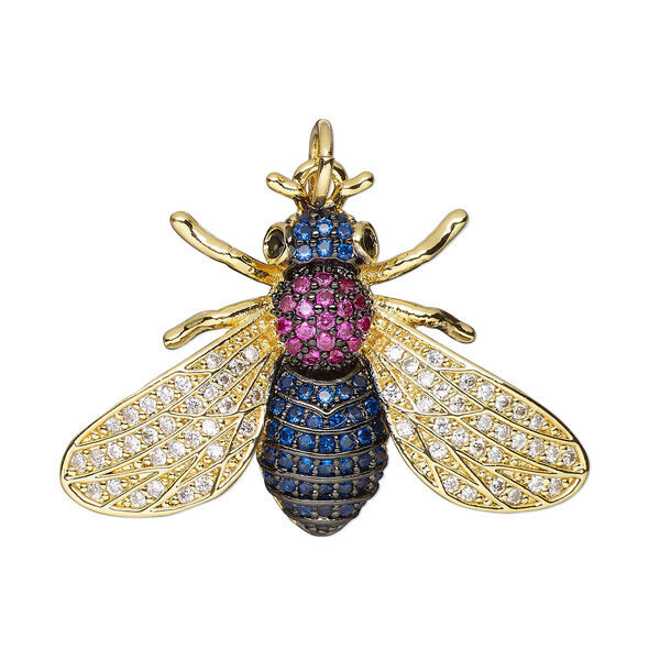 Focal, cubic zirconia and gold-finished brass, multicolored, 30x21mm single-sided bug with (1) 5mm open jump ring. Sold individually. image number 0