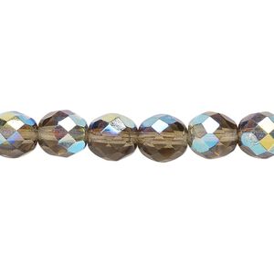 Bead, Czech fire-polished glass, smoke AB, 8mm faceted round. Sold per pkg of 600 (1/2 mass).