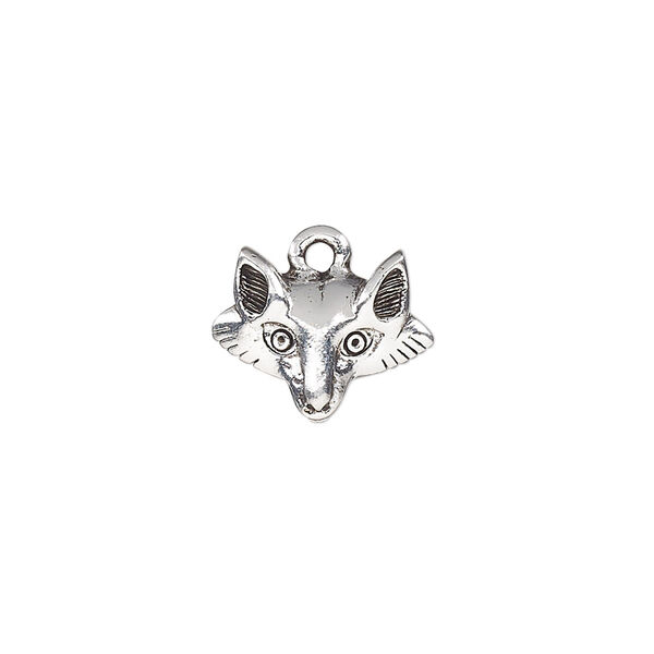 Charm, antique silver-plated pewter (tin-based alloy), 15x12mm single-sided fox head. Sold per pkg of 2. image number 0