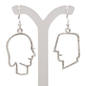 Earring, imitation rhodium-plated brass and "pewter" (zinc-based alloy), 46mm with scratched open man head and 49mm with scratched open woman head and fishhook ear wire. Sold per pair.