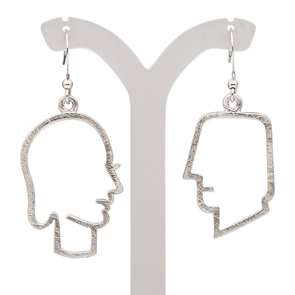 Earring, imitation rhodium-plated brass and "pewter" (zinc-based alloy), 46mm with scratched open man head and 49mm with scratched open woman head and fishhook ear wire. Sold per pair. image number 0